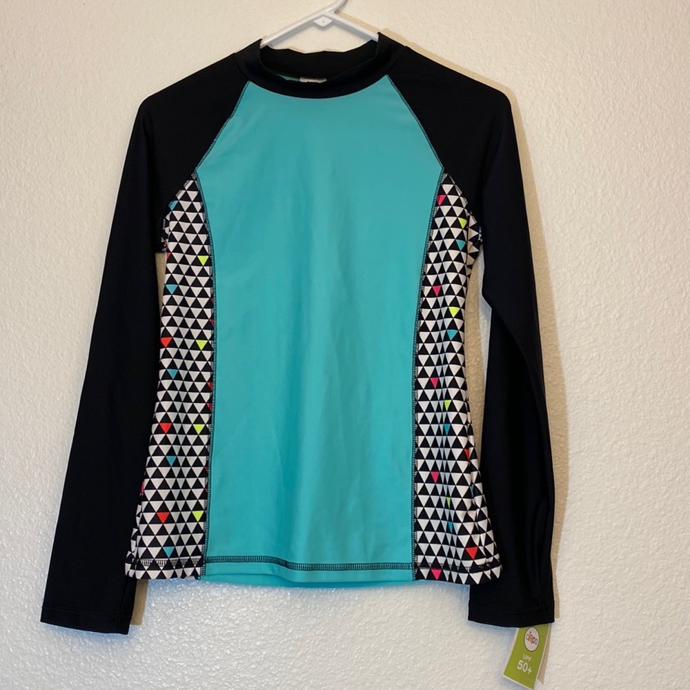 Circo, NWT, Rash guard/sun shirt, black & aqua w accent colors, size 14/16,